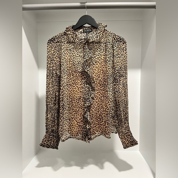 J. Crew Women’s Ruffle Button-up Shirt in Leopard-Print  Size 2 NEW - Picture 5 of 12